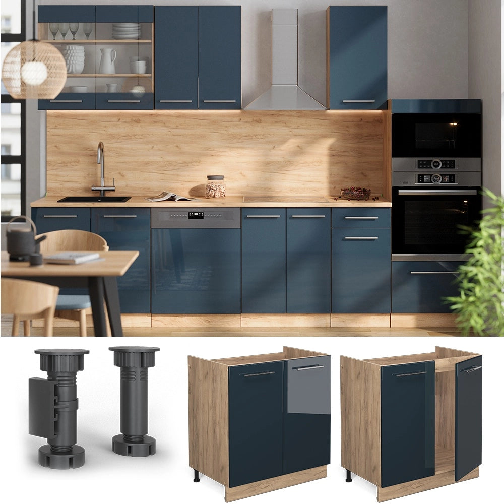 Mobile lavello cucina Fame-Line Blu scuro lucido/Rovere dorato 80 cm senza piano di lavoro Vicco