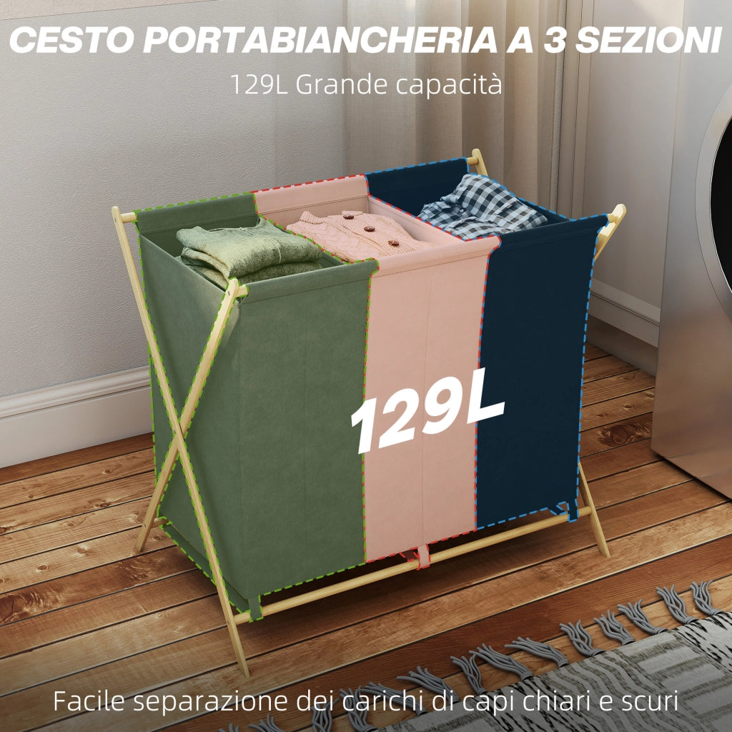 Cesto Portabiancheria Pieghevole 75x48x67 cm a 3 Scomparti in Bambù e Tessuto Effetto Lino Multicolore