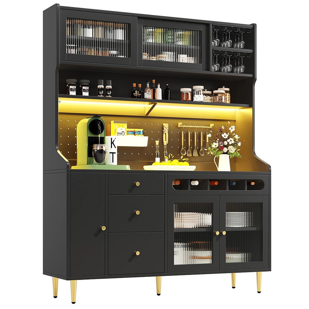 Armadio alto per soggiorno - Xylo - 145¡Á39¡Á171 cm - Nero - Ripiani regolabili, illuminazione LED, cassetto porta bottiglie