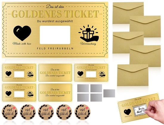Set di biglietti di auguri per il compleanno da 5 - Biglietto d'oro - Busta di cartoncino - Sigillo abrasivo - Etichetta di buona fortuna - Alta qualità - Buono regalo