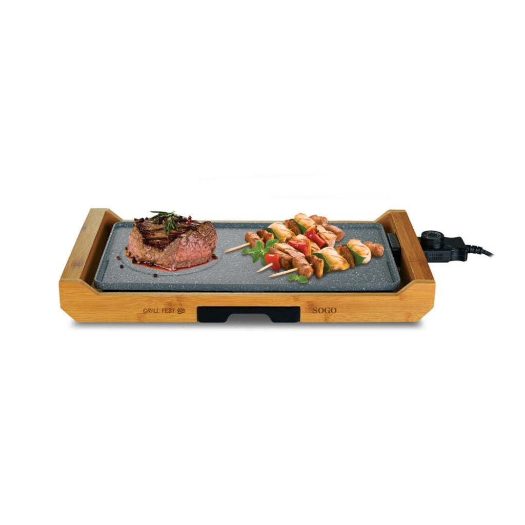 Piastra elettrica grill 43x23 cm con rivestimento antiaderente effetto pietra e base in bambù 2200W - Sogo
