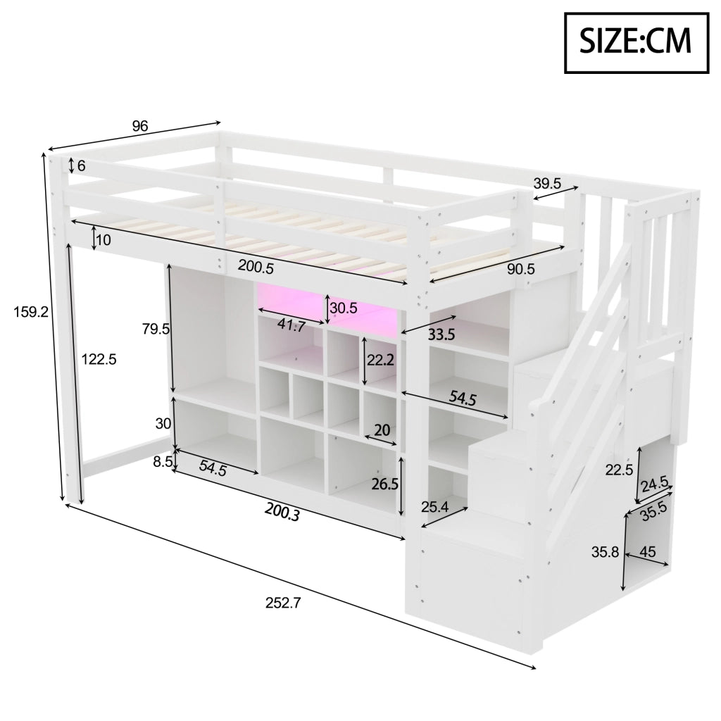 OKWISH Letto a Soppalco Singolo con Contenitore, Scaffali, Armadio e LED, 90 x 200 cm, senza Materasso, Bianco