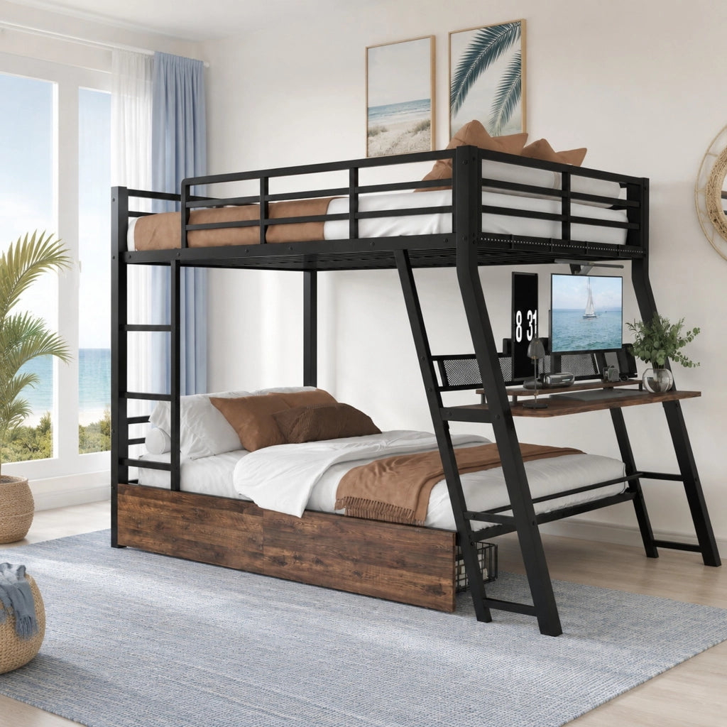 Letto a soppalco 140x200 cm con scrivania; cassetti e LED; metallo; nero