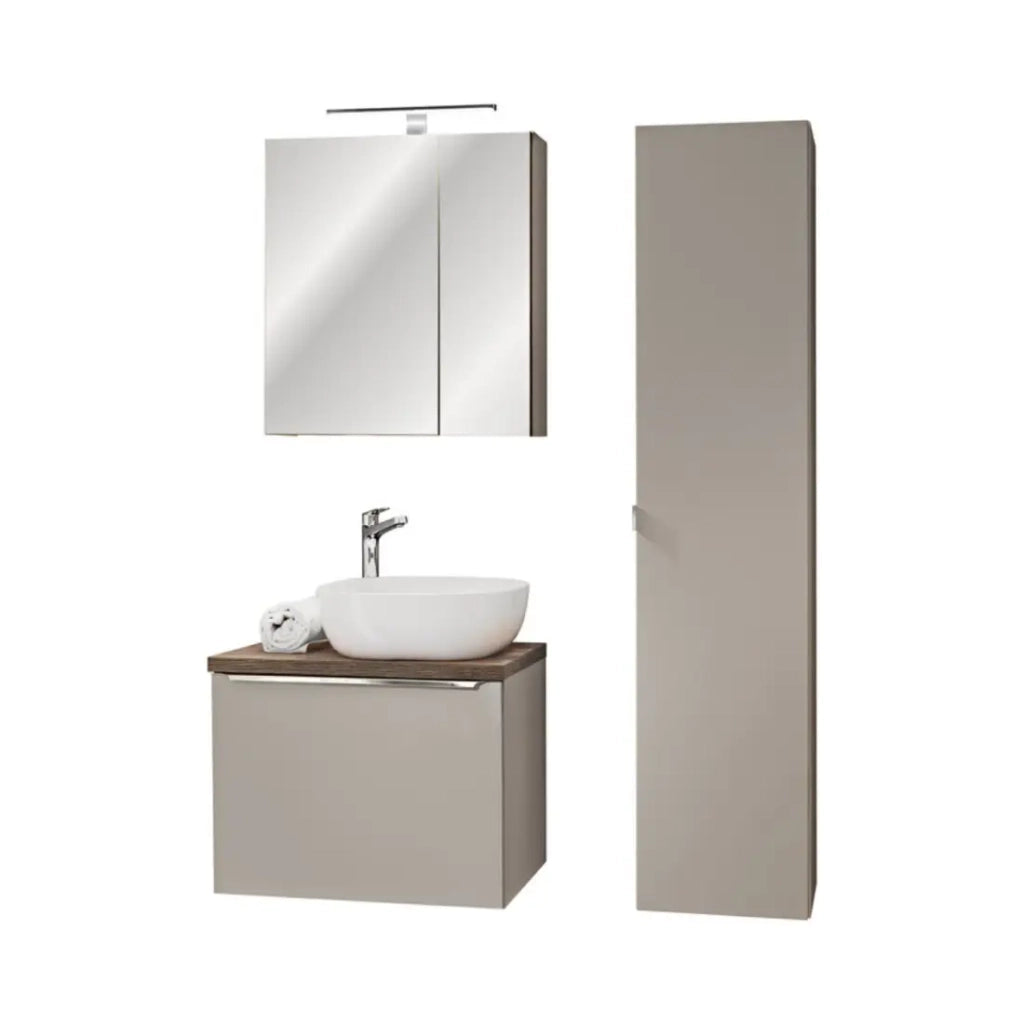 Set VANTA taupe: mobile sottolavabo 60cm + lavabo da appoggio + colonna di stoccaggio + specchio + LED