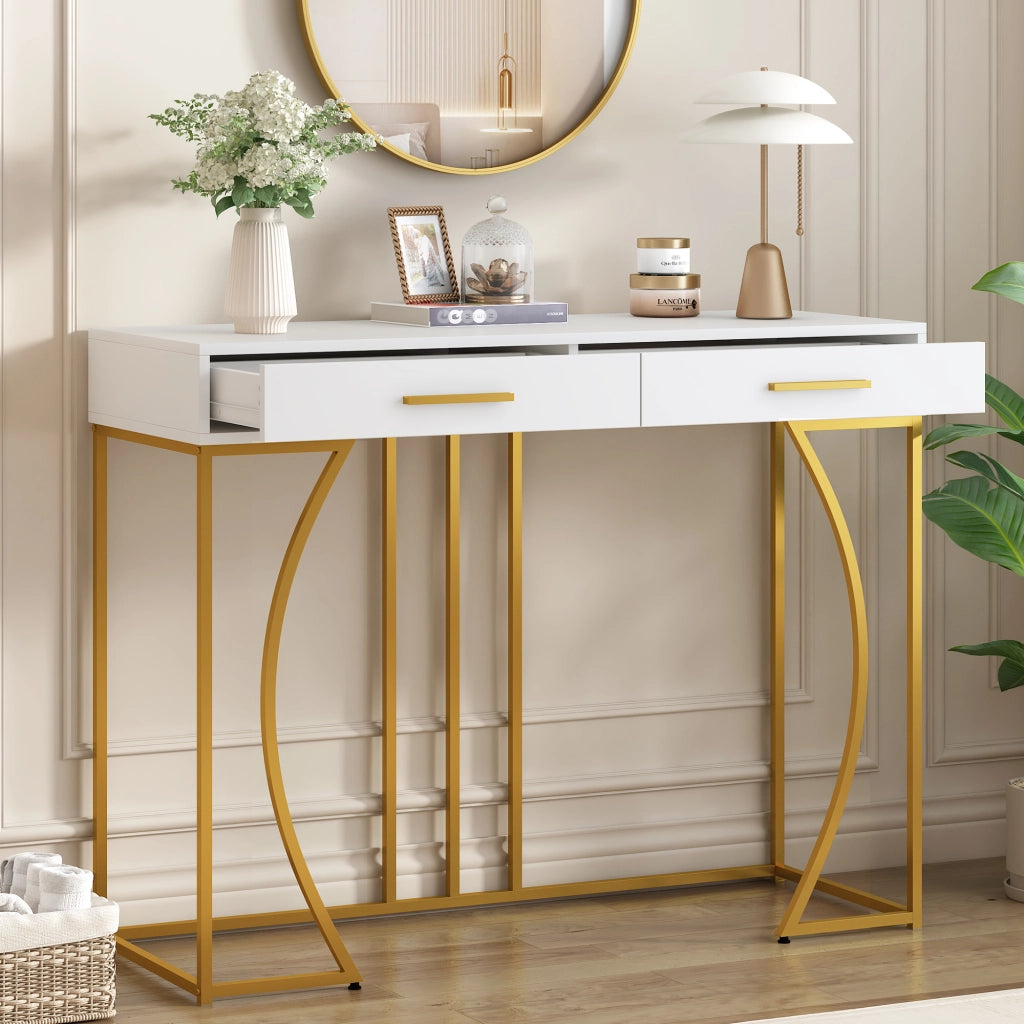 OKWISH Consolle da Ingresso con 1 Cassetto e Piedini Regolabili, Piano in MDF e Struttura in Metallo, Bianca