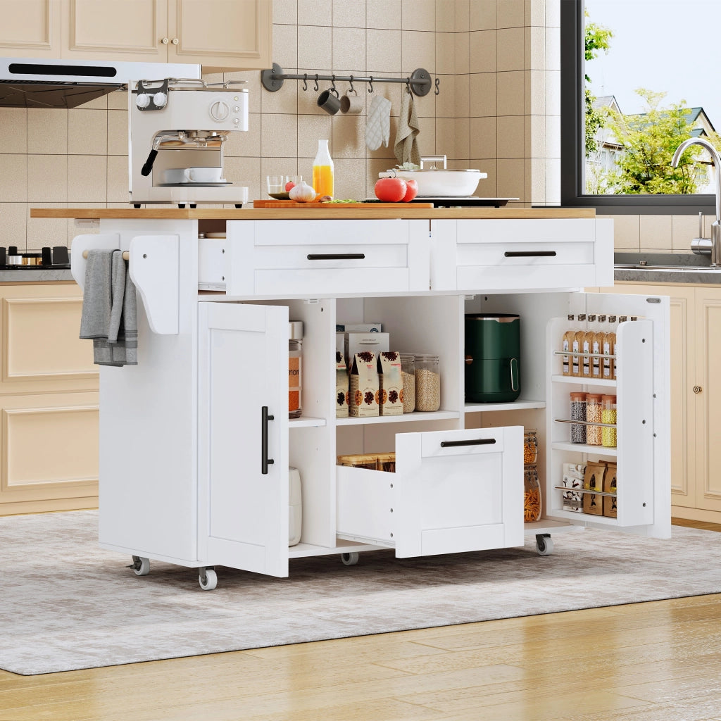 Carrello cucina bianco con ruote girevoli, vassoio pieghevole, cassetti e ripiani regolabili 120x46/71x90 cm