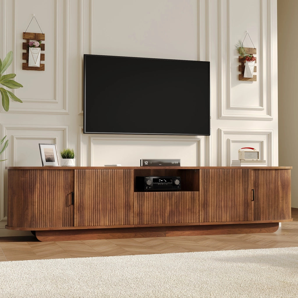Mobile TV con ante scorrevoli; cassetto e vano aperto - per soggiorno - 200×40×50 cm - noce