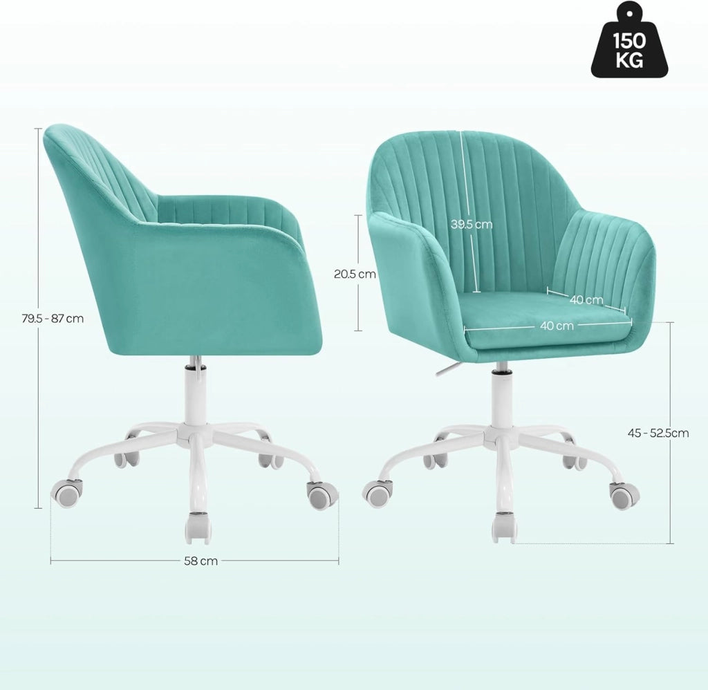 Sedia da Ufficio, Sedia da Toeletta, Poltrona Ergonomica, Ampia, in Velluto Imbottita, Regolabile in Altezza per Ufficio e Camera da Letto, Turchese, BS166ts