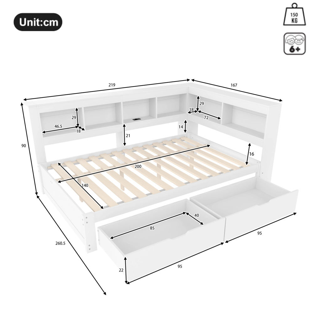 Letto a Divanetto 140x200 cm con Prese; 2 Porte USB; 2 Cassetti; in MDF e Pino; Bianco