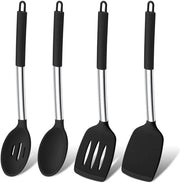 Set di 4 Spatole e Cucchiai in Silicone Resistenti al Calore con Manico in Acciaio Inossidabile