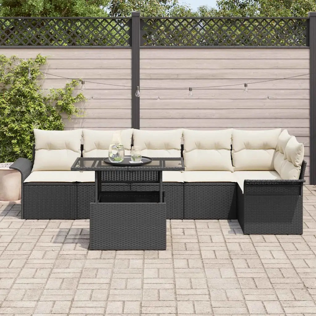 Set Divano da Giardino con cuscino 7 pcs Nero Poly Rattan
