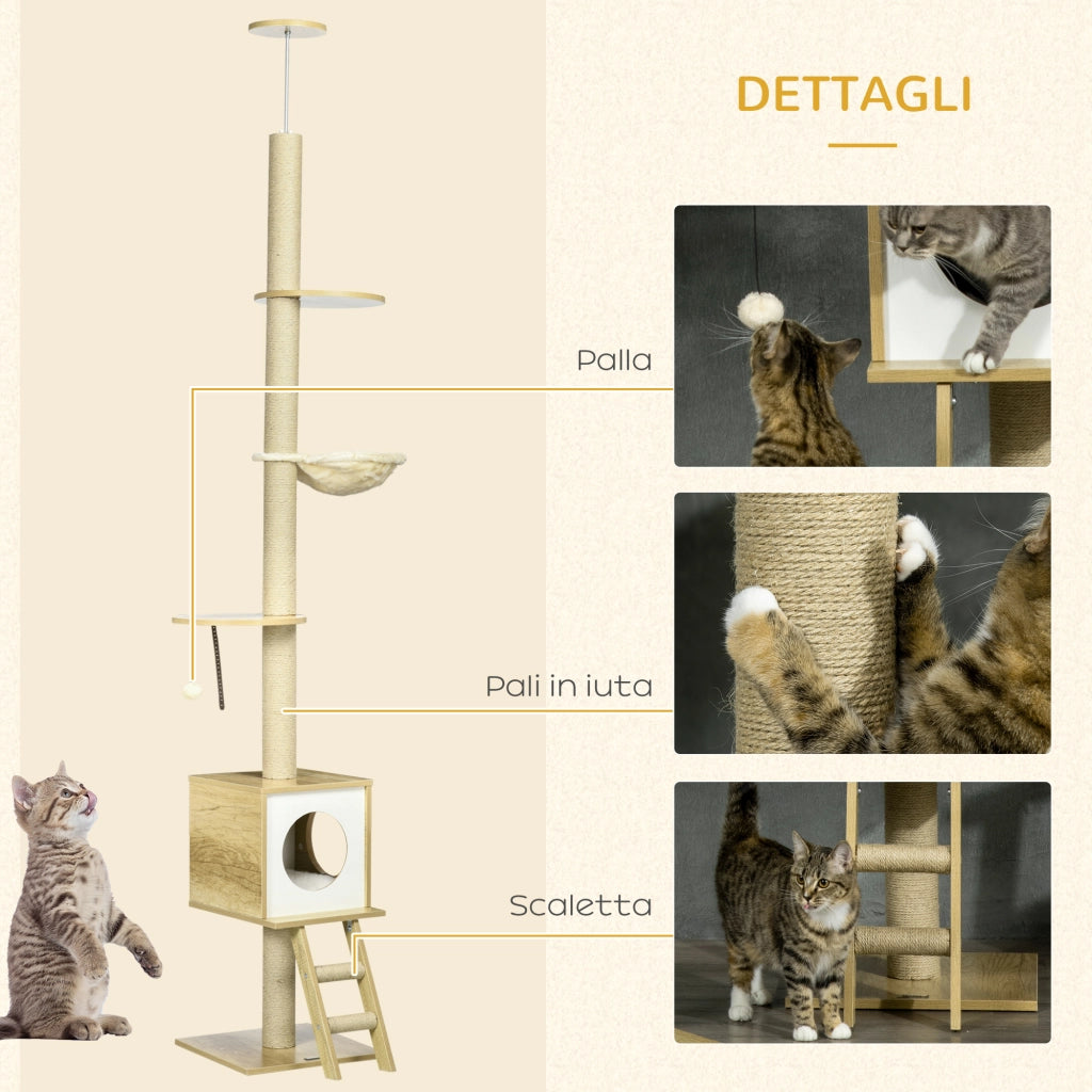 Albero per Gatti con Tiragraffi, Casetta e Amaca ¨C Minimal ¨C 40x40x225-285 cm, Truciolato