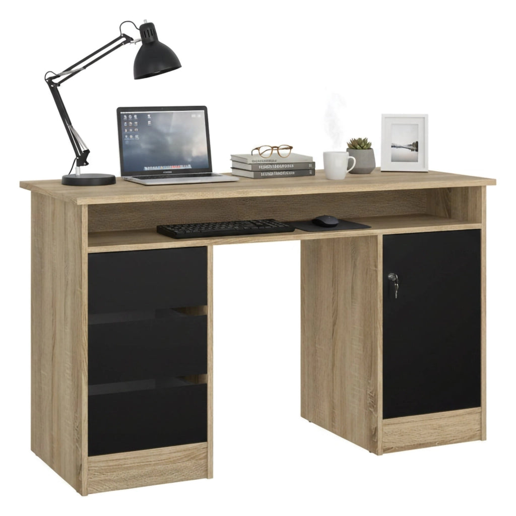 Scrivania Shanshan, Scrittoio multiuso, Tavolo per ufficio porta PC, Piano di lavoro, 126x55 h76 cm, Quercia e Nero