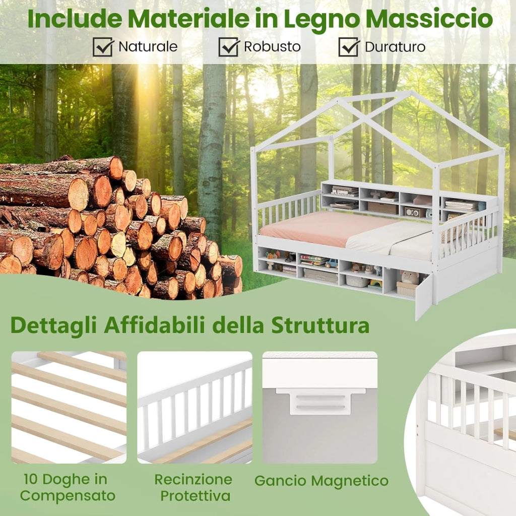 Letto a Castello con Tetto, Letto Singolo per bambini con Struttura in Legno 14 Cubi di Stoccaggio e un Armadio, Struttura Letto 100x190 cm, Carico 200 kg