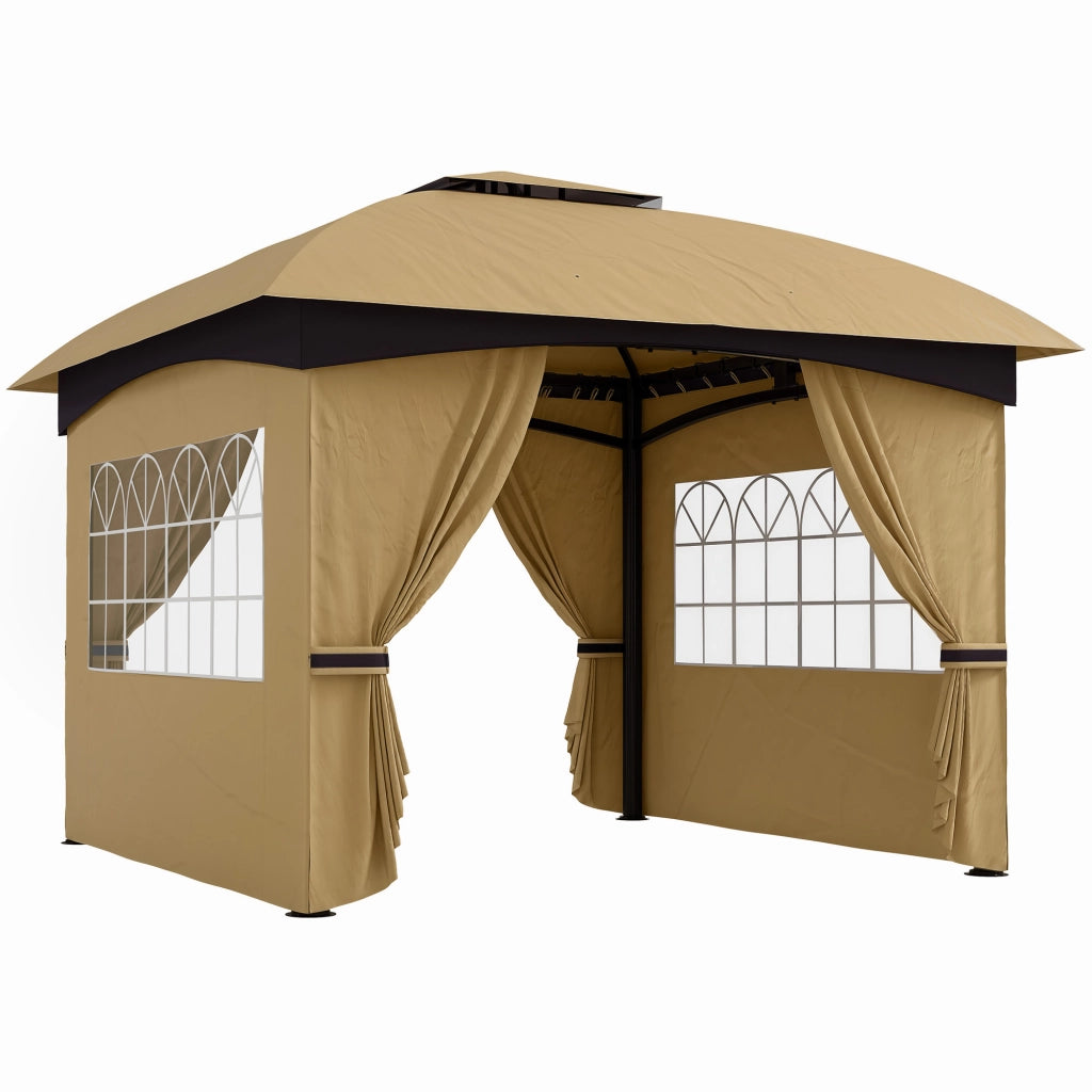 Gazebo da Giardino Con Doppio Tetto E 4 Teli Laterali; Poliestere PU; Beige; Protezione UV20+; 335×335×285 cm