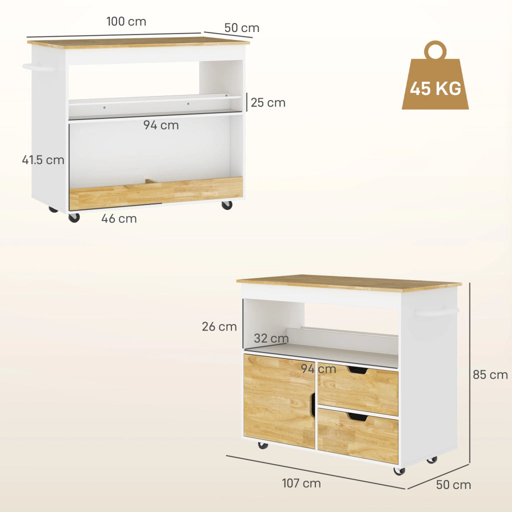 Carrello da Cucina con 2 Cassetti; 1 Anta; 1 Vano Aperto; Portasciugamani e Ruote; in Legno; Rovere