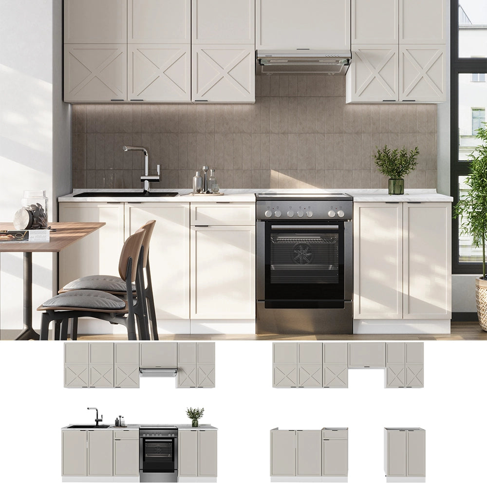 Cucina componibile Fame-Line GrigioBeige/Bianco 240 cm, PL Marmo Vicco