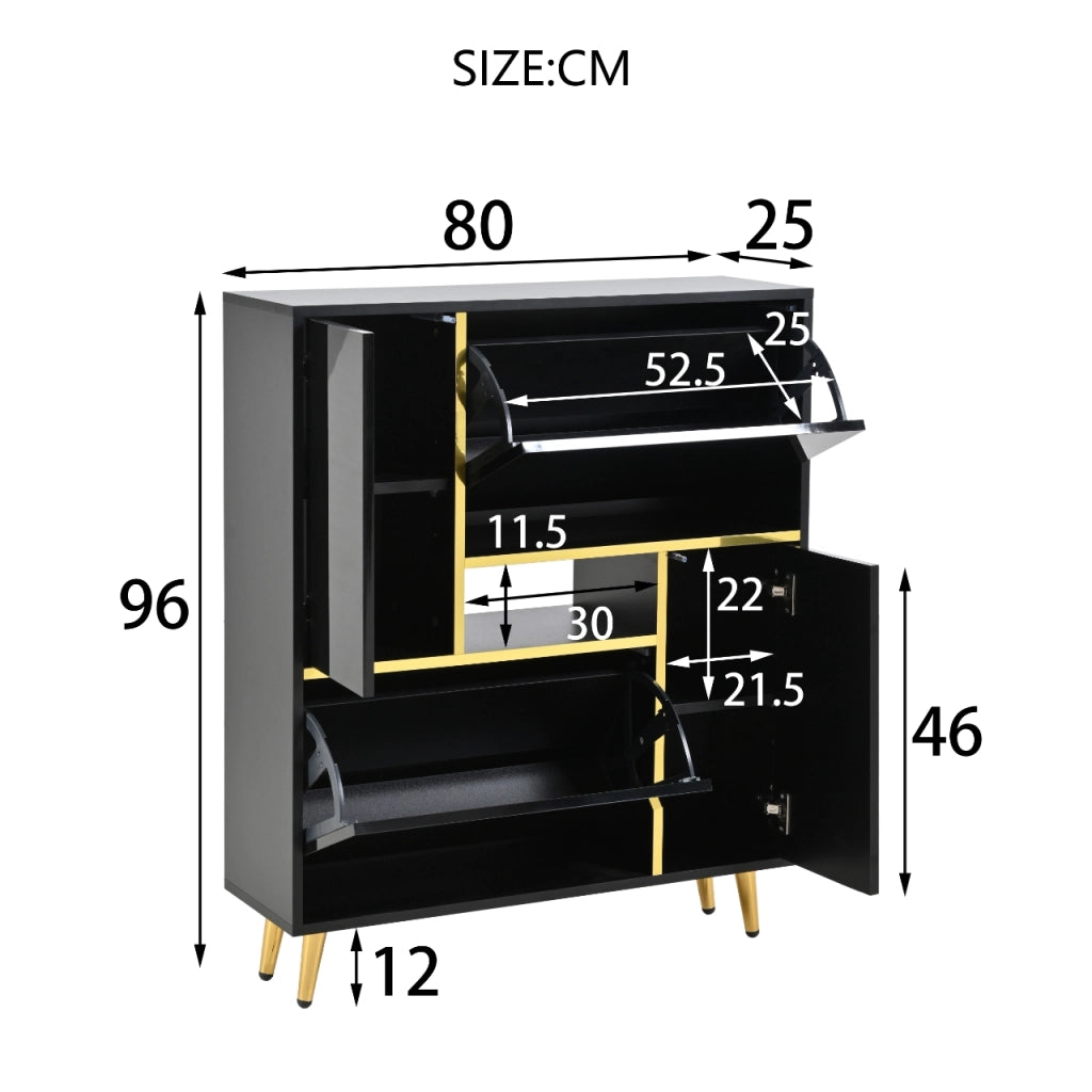 Mobile Scarpiera con 2 Ante e Ripiani Regolabili; LED 16 Colori; Frontale Lucido; Nero; in Pannelli di Particelle; 80×25×96 cm