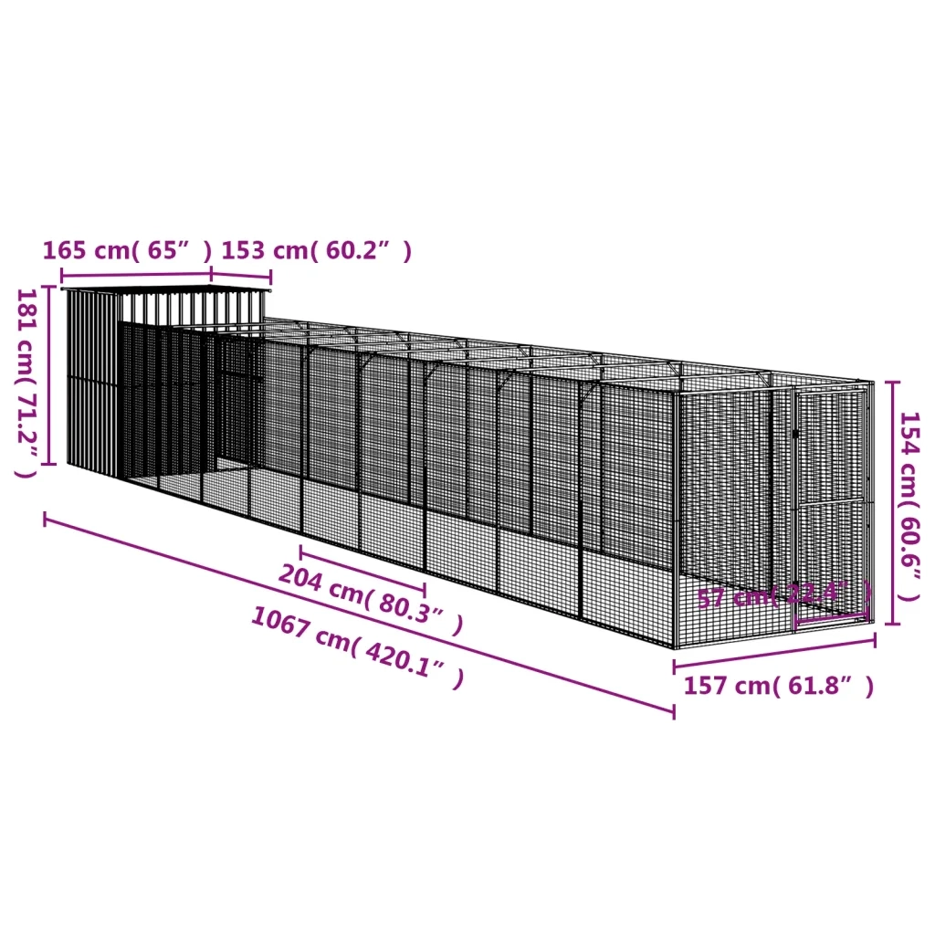 Casetta Cani con Corsa Antracite 165x1067x181cm Acciaio Zincato 3189102