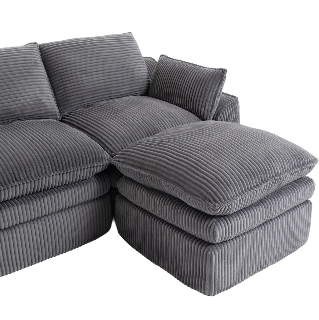 Divano modulare in velluto a coste grigio scuro con pouf