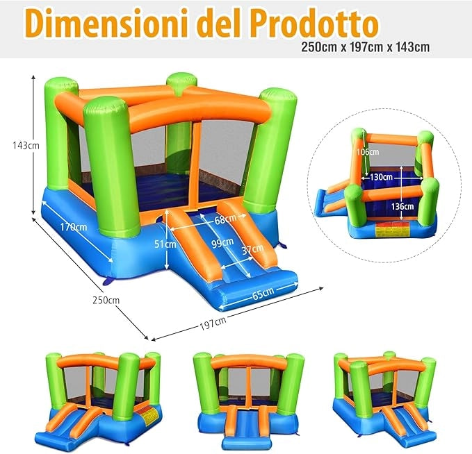 Castello Gonfiabile Per Bambini, Casa Gonfiabile con Grande Area per Saltare e Scivolo, Con Borsa di Trasporto e Kit Riparazione, Ideale Per 3 Bambini 3-10 Anni (Senza soffiatore)