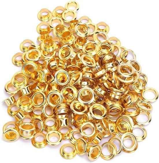 100 pezzi di rinforzi in messingspessi 6 mm - occhielli autosaldabili per kralenkernen - tessuti, canapa - oro.