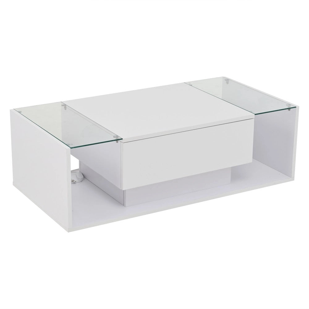 Tavolino da Caff¨¨ con LED e Cassetto ¨C MINIMAL ¨C Vetro Temperato Bianco Lucido 100x50x31