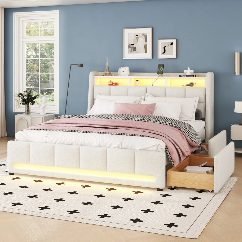 LETTO imbottito 140 x 200 cm in lino beige con LED, USB e 2 cassetti
