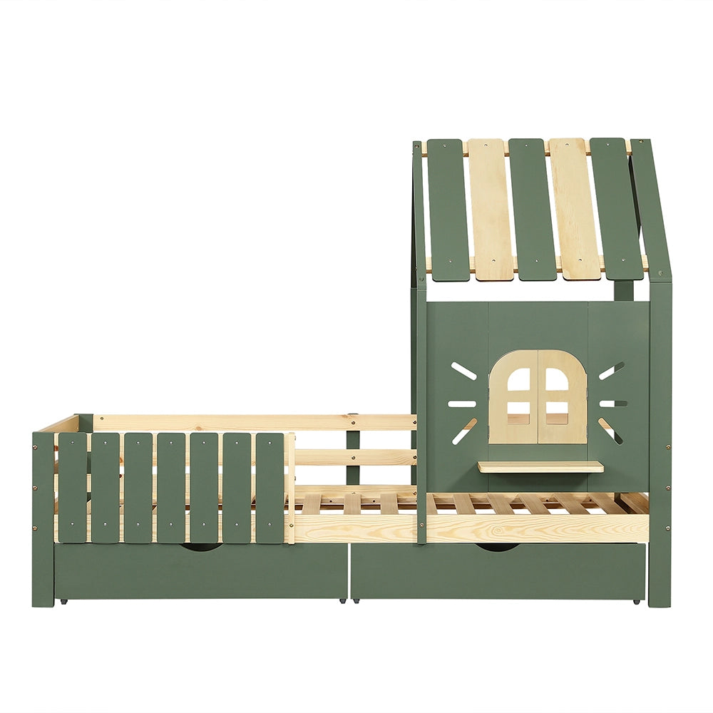 Letto casa-Xylo-90x200 cm-tetto, finestra, 2 cassetti, verde+naturale