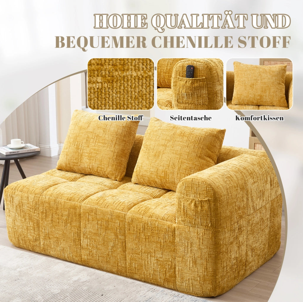 Divano chaise longue in ciniglia giallo con tasche laterali
