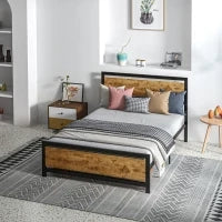 Struttura Letto Una Piazza e Mezza in Legno e Acciaio con Doghe in Stile Industriale, 140x200cm