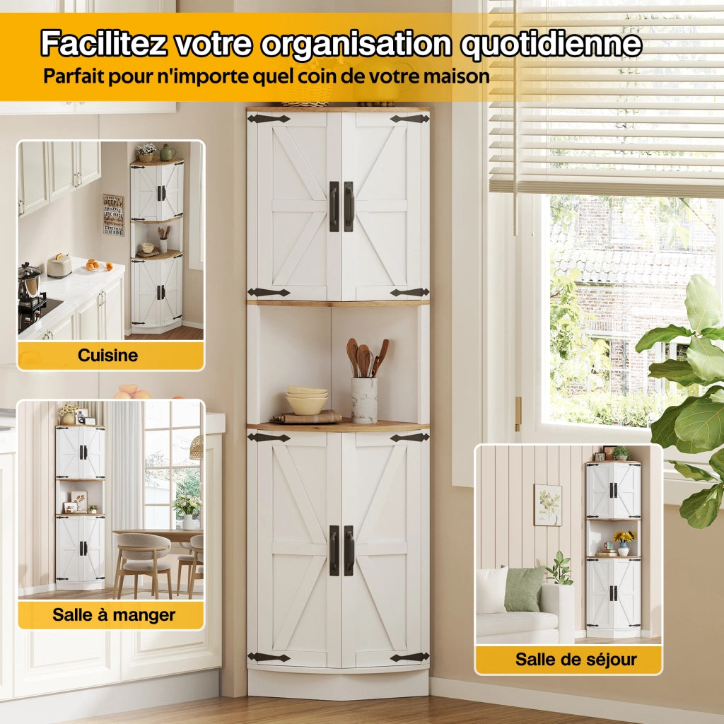 Mobile angolare con 2 ante 1 vano aperto e 4 ripiani vintage per cucina e soggiorno in MDF bianco 39,5 × 39,5 × 180 cm