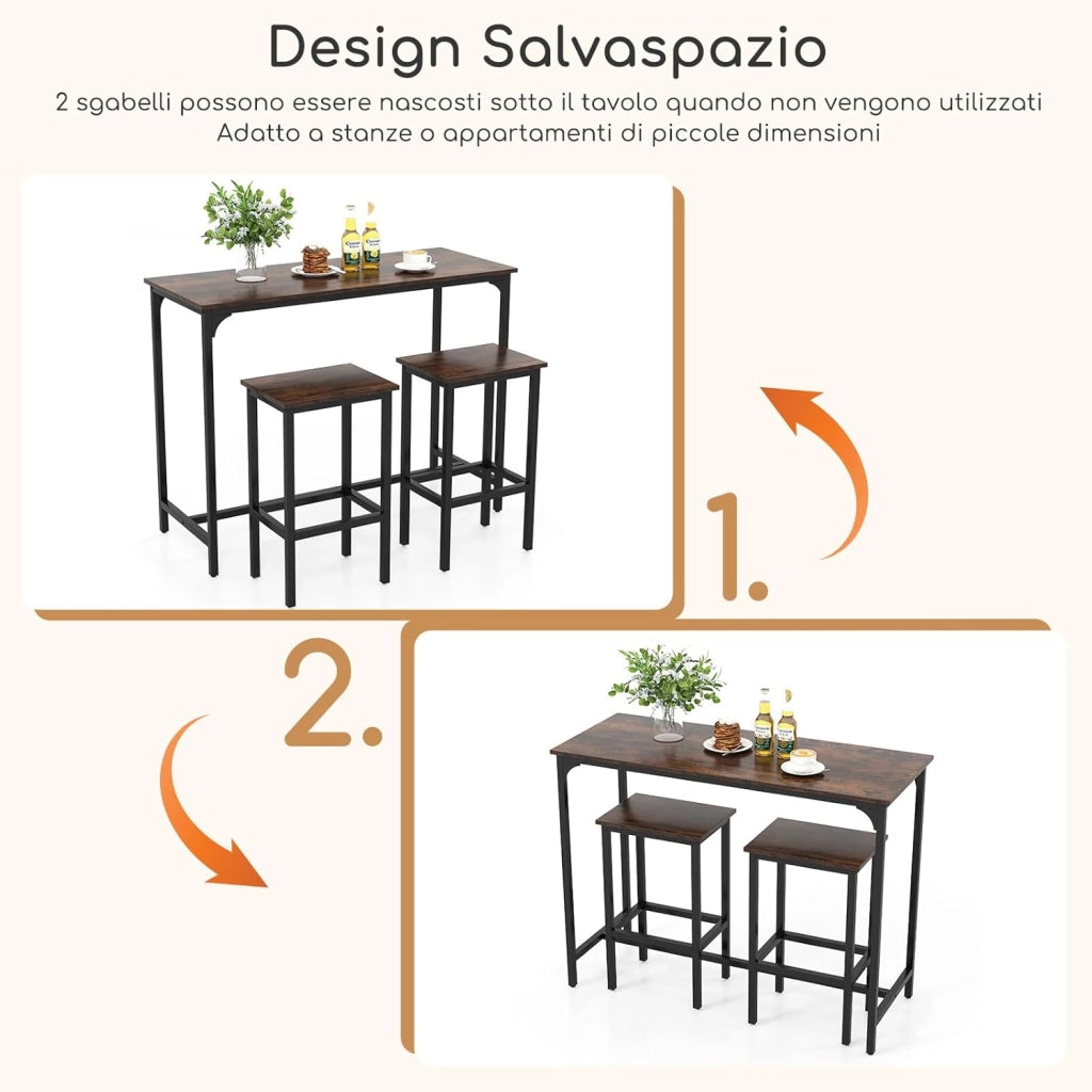 Tavolo con 2 Sgabelli in Metallo e Legno, Set da Pranzo 3 Pezzi, Tavolo Rettangolare da Cucina con 2 Sedie per Sala da Pranzo, Appartamento e Bistro, Stile Retrò (Marrone)