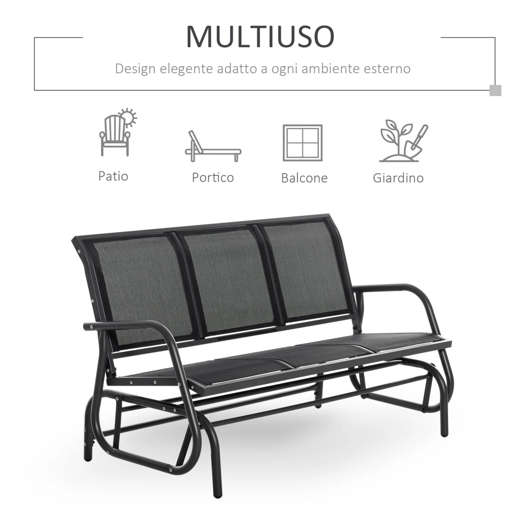 Dondolo 3 Posti da Giardino 151x75x85 cm in Metallo e Textilene Nero