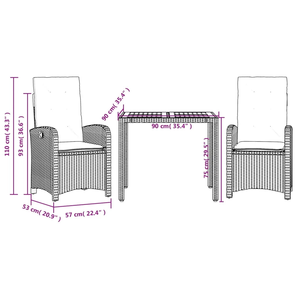 Set da Pranzo da Giardino 3 pz con Cuscini Nero in Polyrattan