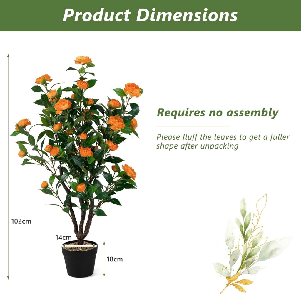 Albero Artificiale con 37 Camelie da 102 cm, Pianta Floreale Artificiale in Vaso di Cemento, Decorazione Interna ed Esterna, Pianta Falsa per Ufficio, Casa, Veranda