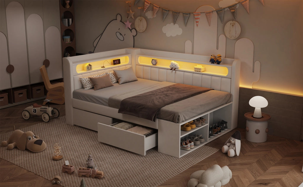 Divano letto imbottito con USB LED 7 colori armadietto portascarpe e 2 cassetti in MDF e tessuto bianco 90 × 200 cm
