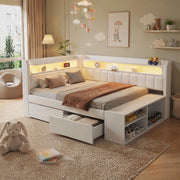 LETTO imbottito 90x200 cm bianco con USB, LED, scarpiera e 2 cassetti