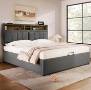 Letto matrimoniale imbottito 160x200 cm con testiera regolabile; presa USB e contenitore; grigio in lino