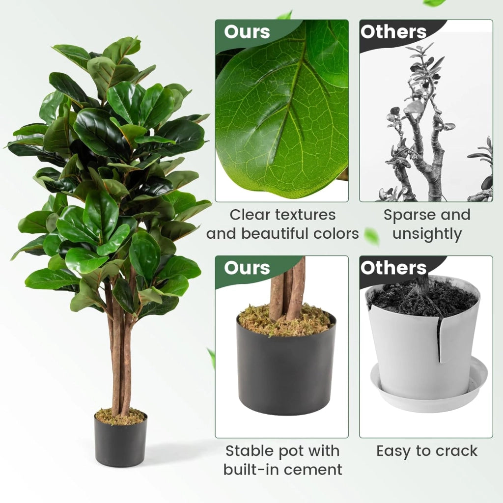 Pianta artificiale, albero di fico artificiale, 120 cm, decorazione in vaso di cemento, pianta verde con tronco e foglie in legno naturale, decorazione per interni