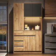 Mobile buffet da cucina con LED; presa integrata e ripiani regolabili 185 x 105 x 40 cm; nero e naturale