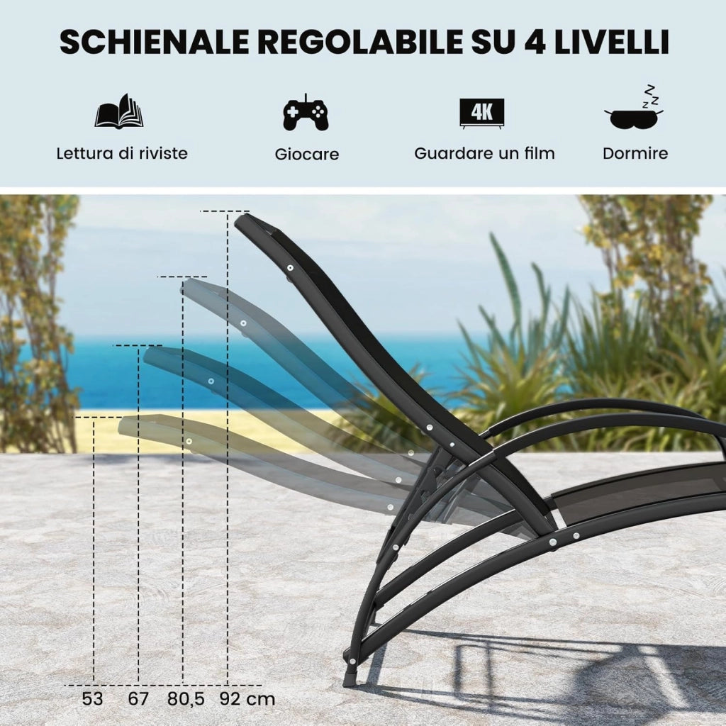 Sedia a Dondolo 2 in 1 da Giardino, Lettino Prendisole Convertibile con Schienale Regolabile a 4 Posizioni, Braccioli Curvi e Telaio in Alluminio, per Patio e Piscina, Portata 150 kg (Nero)
