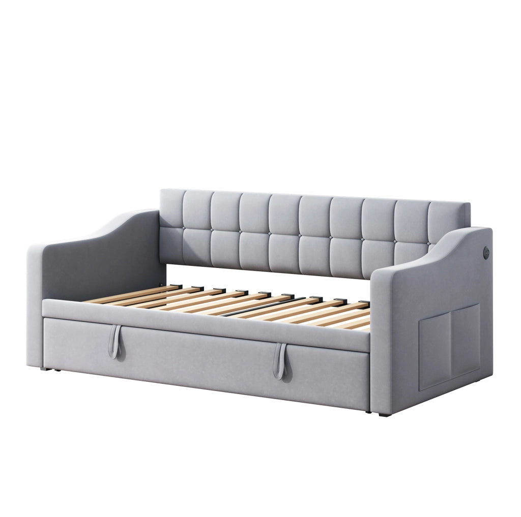 Letto imbottito estraibile 90x190 cm in velluto grigio chiaro con porte USB