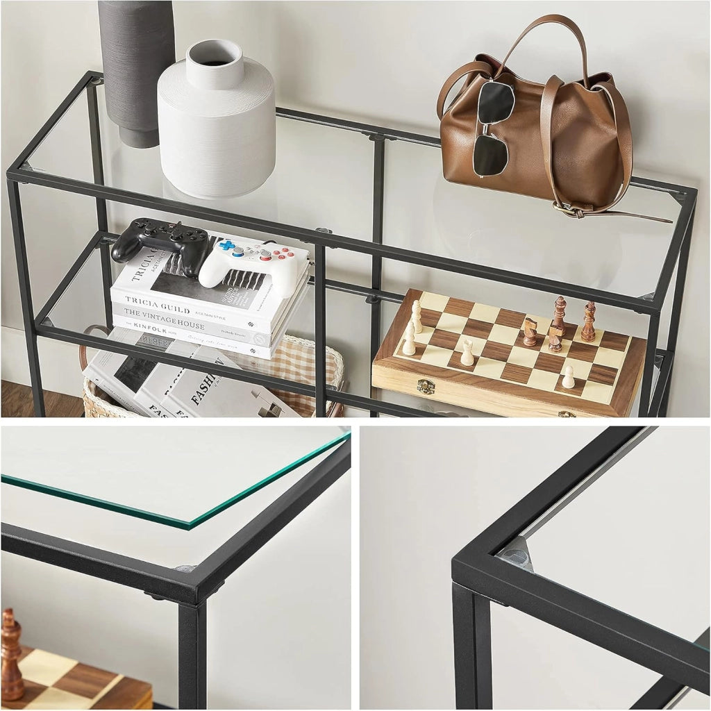 VASAGLE Consolle Ingresso, Tavolo Consolle, Scaffale a 3 Ripiani in Vetro Temperato, 30 x 100 x 73 cm, Struttura Metallo, Corridoio Soggiorno Camera da Letto, Nero LGT027B01
