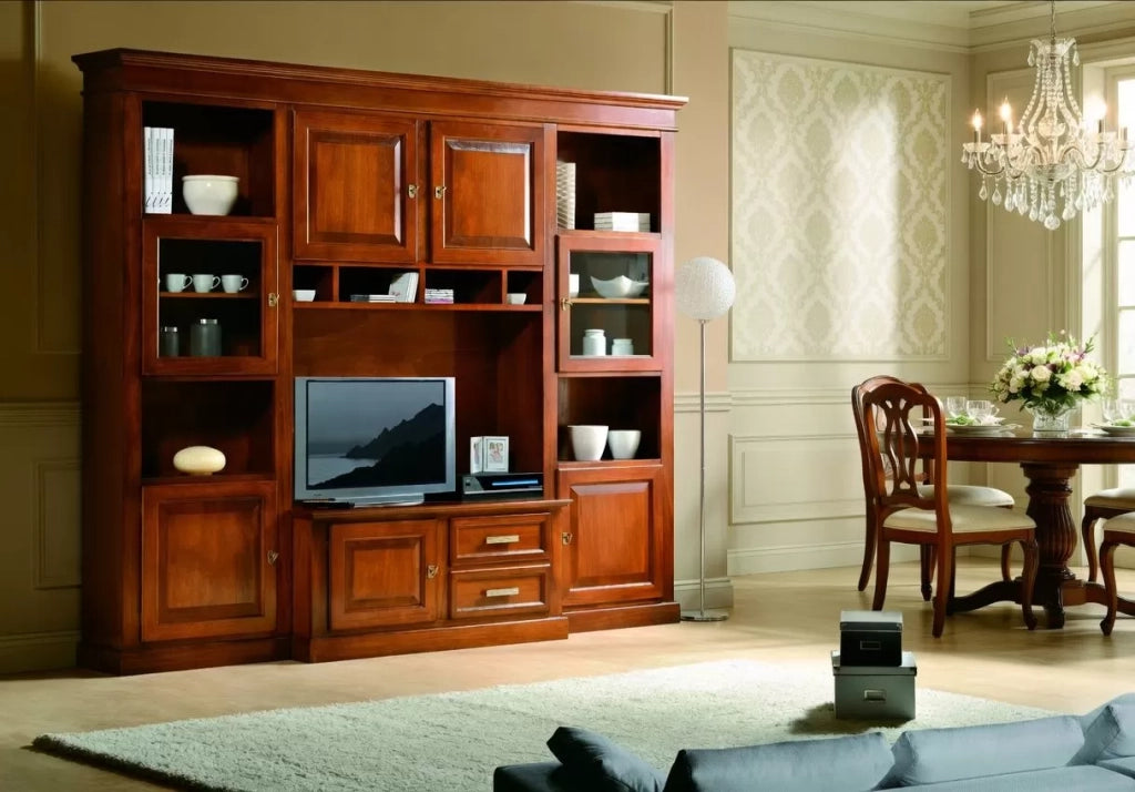 Parete attrezzata porta tv in legno tinta noce l.280 p.50 h.230 - Mobili 2G