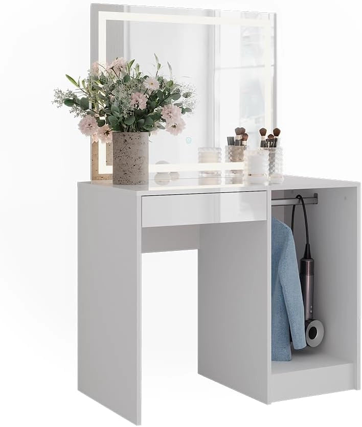 Tavolo da toeletta Sherry, Bianco/bianco lucido, 89.8 cm con specchio LED, con piano d'appoggio e ripiani laterali
