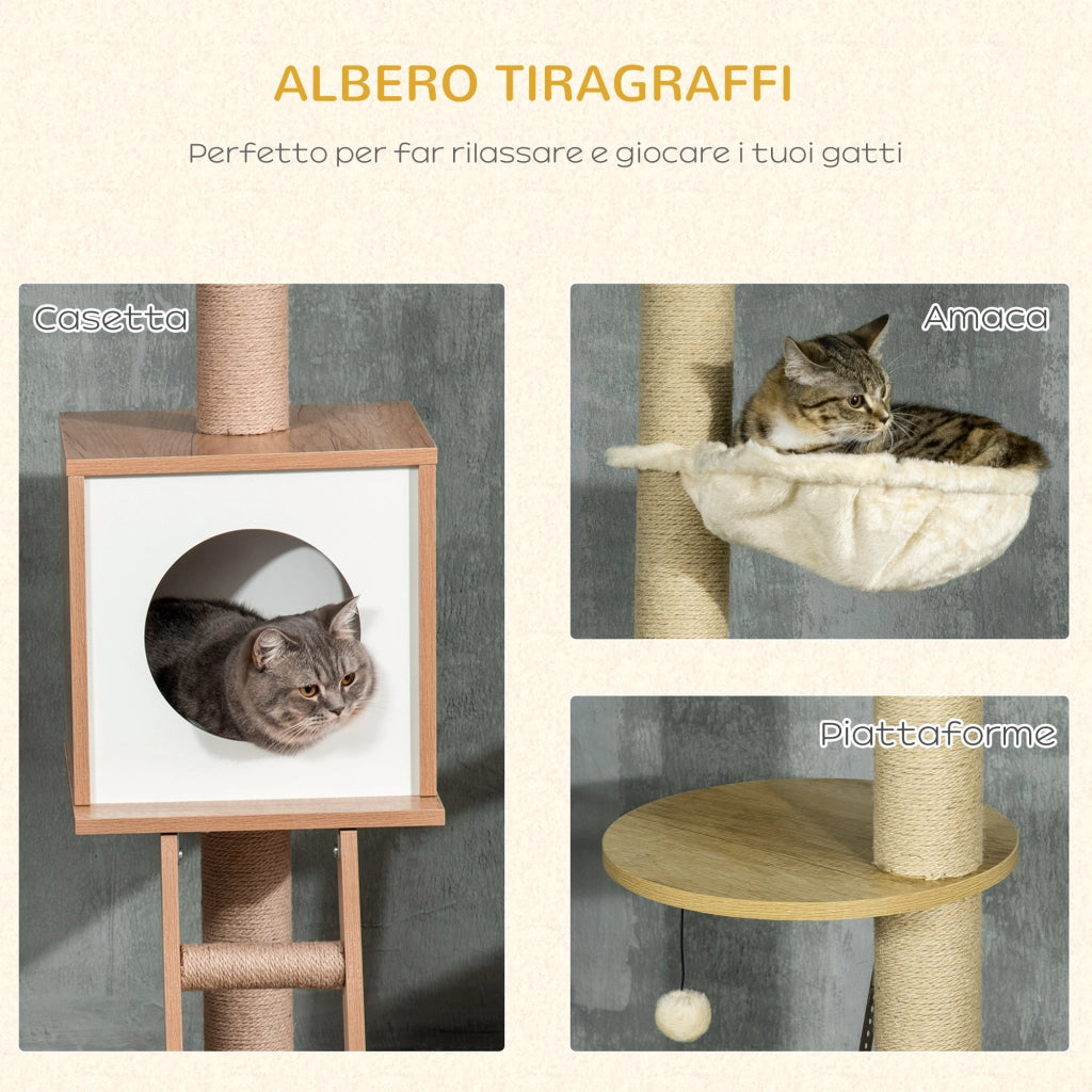 Tiragraffi per Gatti Regolabile ¨C Xylo ¨C 40x40x225-285 cm con Casetta e Amaca