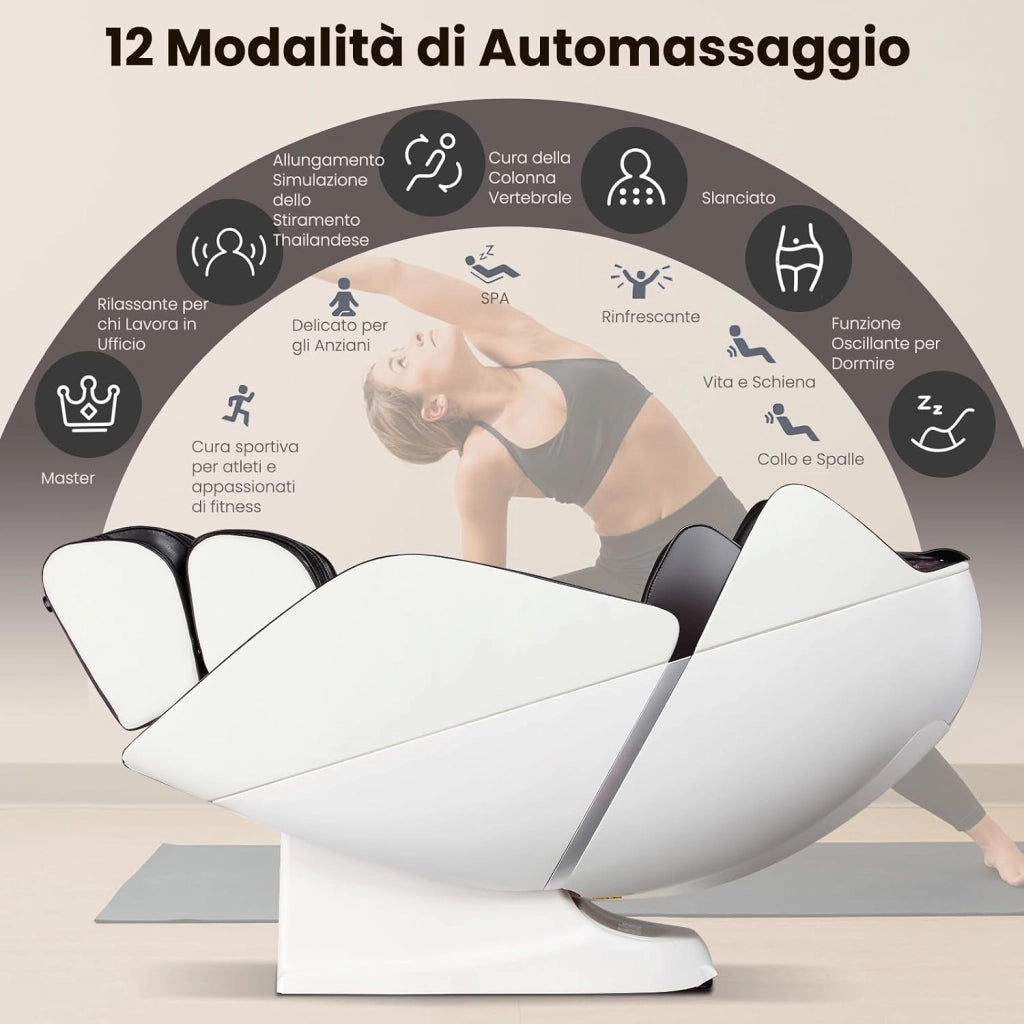 Poltrona Massaggiante, Sedia da Massaggio con 12 Modalità, 6 Tecniche di Massaggio, Stretch Thailandese e Guida SL, Poltrona Relax con Telecomando per Tutto il Corpo (Marrone)