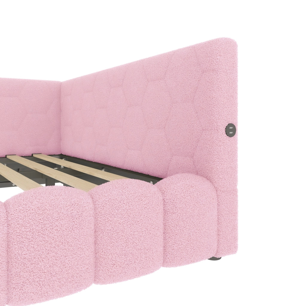 Letti contenitori 140x200 cm con vano contenitore idraulico; LED USB e Type C; velluto rosa (Senza materasso)