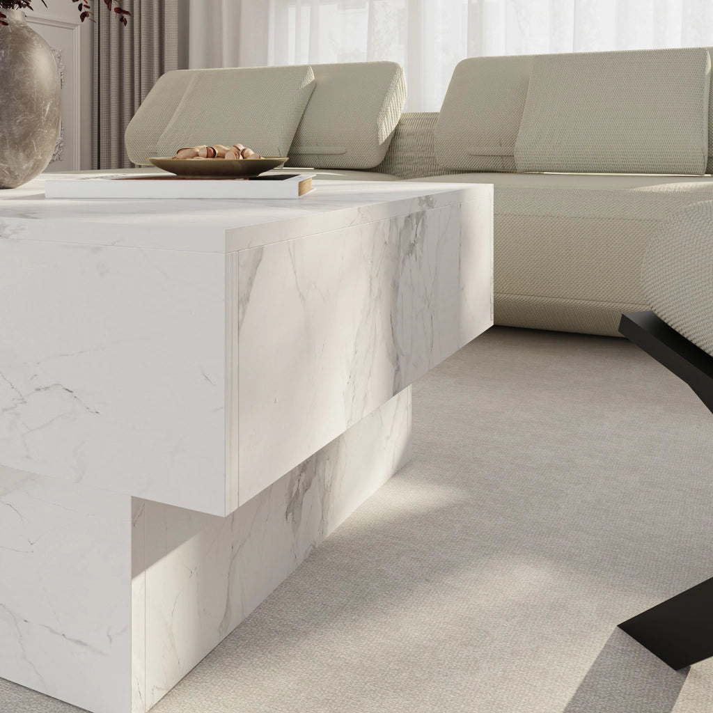 Tavolino Centrale Lens da Salotto con Piano Scorrevole 80 x 60 x 36 cm - Effetto Marmo Bianco [en.casa]